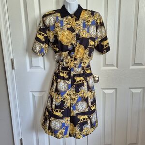 J. Andrews Vintage 2 Piece Shirt Shorts Gold Lion Clock Watch Print Womens Small